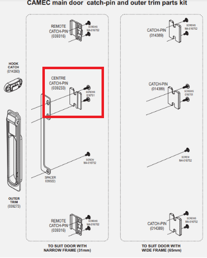 Camec Aluminium Centre Catch Pin 3 Point Door Lock
