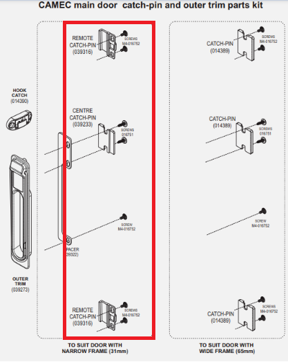 Camec Caravan Door Parts - Catches for 3 Point Door - Aluminium Remote Clips