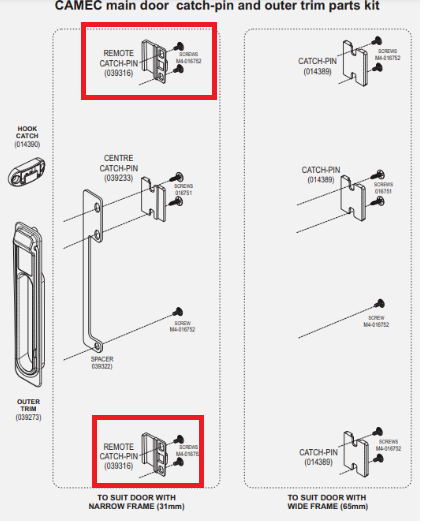 Camec Caravan Door Parts - Catches for 3 Point Door - Aluminium Remote Clips